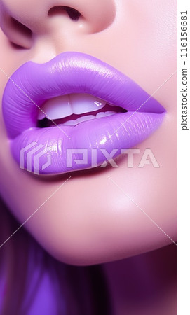 beautiful female purple lips closeup, beauty colourful concept, studio shot, generative AI 116156681