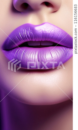 beautiful female purple lips closeup, beauty colourful concept, studio shot, generative AI 116156683