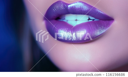 beautiful female purple lips closeup, beauty colourful concept, studio shot, generative AI 116156686