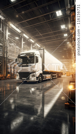 delivery truck loading in big industrial warehouse, generative AI delivery truck loading in big industrial warehouse, generative AI 116156731