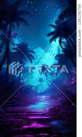 futuristic fantasy forest with purple, cyan, blue and pink trees, surreal palm park, generative AI 116156759