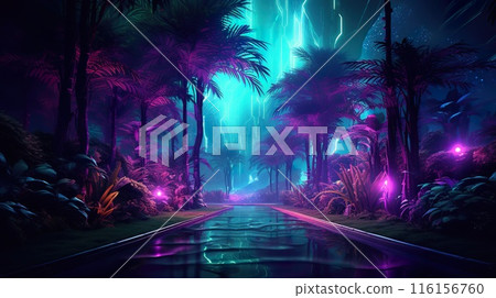 futuristic fantasy forest with purple, cyan, blue and pink trees, surreal palm park, generative AI 116156760