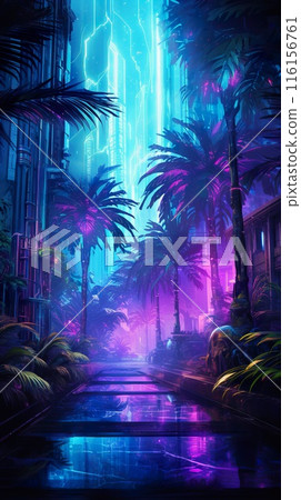 futuristic fantasy forest with purple, cyan, blue and pink trees, surreal palm park, generative AI 116156761