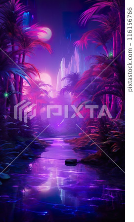 futuristic fantasy forest with purple, cyan, blue and pink trees, surreal palm park, generative AI 116156766