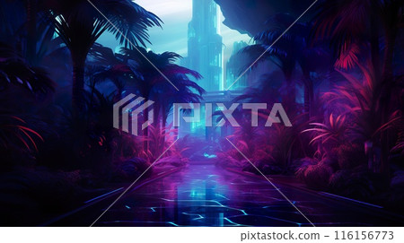 futuristic fantasy forest with purple, cyan, blue and pink trees, surreal palm park, generative AI 116156773