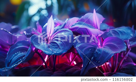 creative fluorescent color layout with tropical leaves, flat lay neon glow. concept, generative AI 116156802