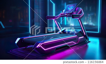 futuristic neon treadmill, future cyberpunk gym concept, in style of purple and blue, generative AI 116156864