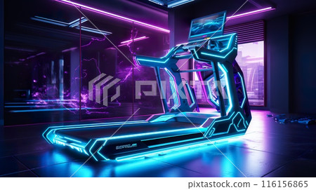 futuristic neon treadmill, future cyberpunk gym concept, in style of purple and blue, generative AI 116156865