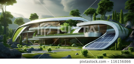 green modern futuristic home with roof solar panels, alternative energy technologies, contemporary house, generative AI 116156866