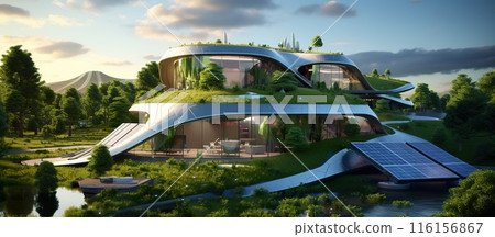 green modern futuristic home with roof solar panels, alternative energy technologies, contemporary house, generative AI 116156867