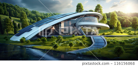 green modern futuristic home with roof solar panels, alternative energy technologies, contemporary house, generative AI 116156868