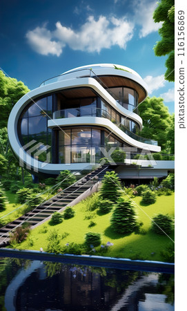 green modern futuristic home with roof solar panels, alternative energy technologies, contemporary house, generative AI 116156869