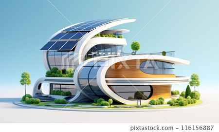 futuristic house with solar power systemr, in the style of organic and flowing forms, generative AI 116156887