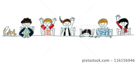 Hand-drawn illustration: Children sitting with their hands up Hand-drawn illustration: Children sitting with their hands up 116156946