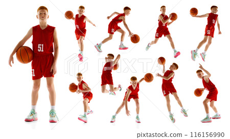 Teen boy, basketball player in red uniform, in dynamic pose with ball, practicing, playing isolated on white background. Set, collage. 116156990