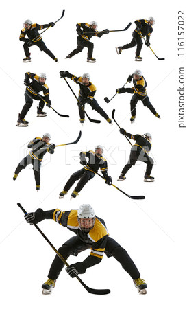Male athlete, hockey player in black uniform and helmet training, competing isolated on white background. Set, collage. 116157022