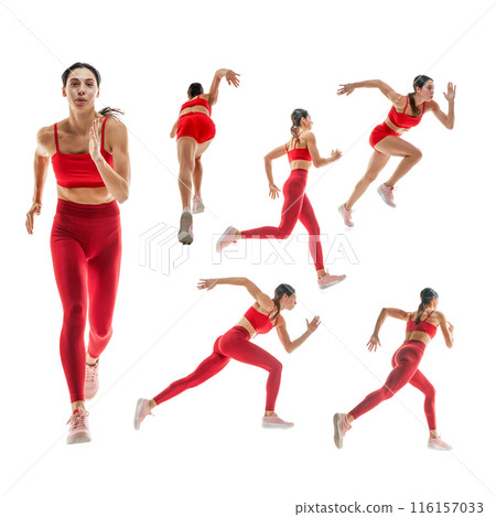 Dynamic image of competitive woman, runner in motion, training, running against white background. Set, collage. 116157033