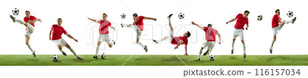 Banner, collage, set. Young man, soccer player in red uniform in motion, training, playing football isolated on white background 116157034