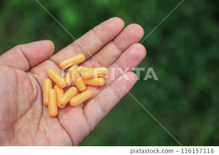 Herbal capsules from herb on hand for healthy eating in daily life 116157118