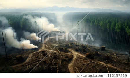 deforestation and forest destruction, natural and environmental disaster, tree damage and climate change, generative AI 116157229