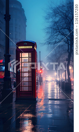 classical english red telephone cab, night street, generative ai 116157280