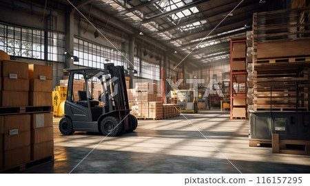modern forklift at big industrial warehouse, generative AI 116157295