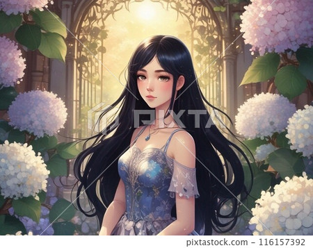 穿著繡球花和裙子的美麗女人的肖像插圖 4 116157392