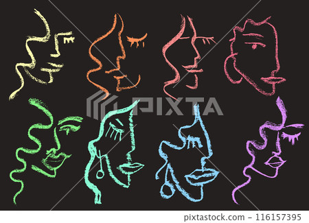 Abstract Chalk Minimalist Girl Face Drawing Set. 116157395