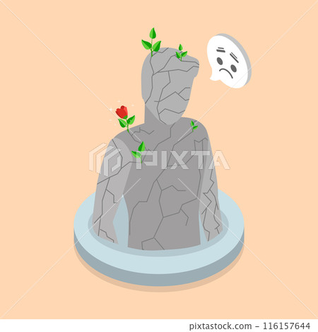 3D Isometric Flat Vector Illustration of Rebirth, Lonely Figure with Flower Growing on him Symbolizes Solitude and Isolation. 116157644