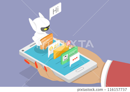 3D Isometric Flat Vector Illustration of Mobile Chatbot, App for SMS Messaging on smartphone with Chat Bot. 116157737