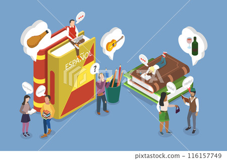 3D Isometric Flat Vector Illustration of Spanish Language Course, Contemporary Education Program 3D Isometric Flat Vector Illustration of Spanish Language Course, Contemporary Education Program 116157749