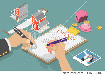 3D Isometric Flat Vector Illustration of Divorce and Property Division, Break of Relationships 3D Isometric Flat Vector Illustration of Divorce and Property Division, Break of Relationships 116157802