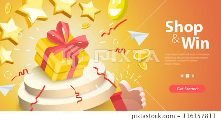 3D Vector Illustration of Shop and Win, Give Away Contest Prize 3D Vector Illustration of Shop and Win, Give Away Contest Prize 116157811