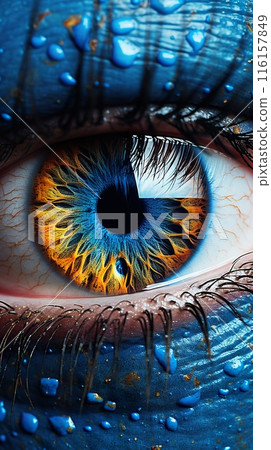 female eye with colourful blue make-up, vibrant iris, macro studio shot close up, generative AI 116157849