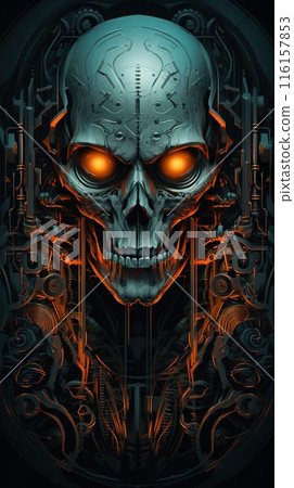 illustration of skull, symmetry, in style of blue and orange, halloween concept, generative AI 116157853