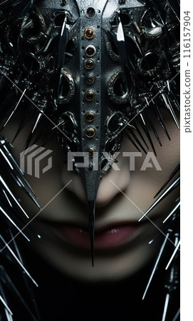 person face in metallic ancient gothic protective mask, generative ai 116157904