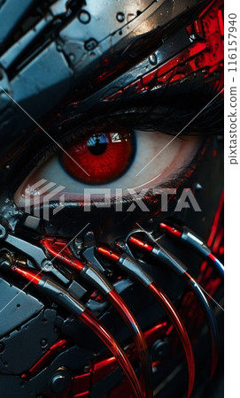cyborg face with dark black metallic mask, agressive warrior with red eye and iris, generative ai 116157940