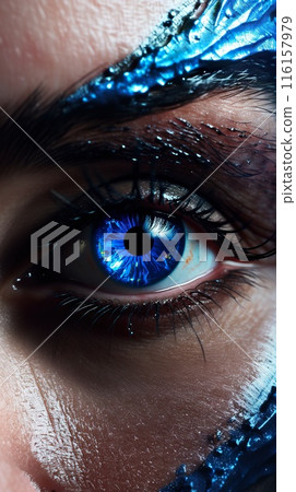 female eye with colourful blue make-up, vibrant iris, macro studio shot close up, generative AI female eye with colourful blue make-up, vibrant iris, macro studio shot close up, generative AI 116157979