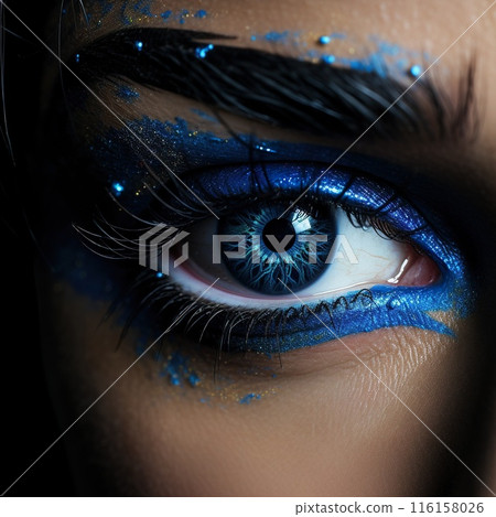 female eye with colourful blue make-up, vibrant iris, macro studio shot close up, generative AI female eye with colourful blue make-up, vibrant iris, macro studio shot close up, generative AI 116158026
