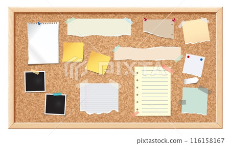 Notice board. Corkboard, noticeboard with blank ripped paper notes for message, memo pined stickers and photo frames. Information office wall border vector illustration 116158167