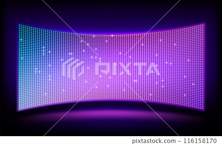 Led projection screen. LCD Tv show stage light panel. Concave digital monitor with glittering lightbulb pattern. Cinema and entertainment display. Vector illustration 116158170