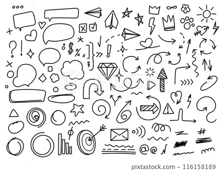 Doodle elements. Sketch underline, arrow and speech bubble, diamond and paper plane. Hand drawn brush stroke highlight, crown and star, sparkle. Vector set Doodle elements. Sketch underline, arrow and speech bubble, diamond and paper plane. Hand drawn brush stroke highlight, crown and star, sparkle. Vector set 116158189