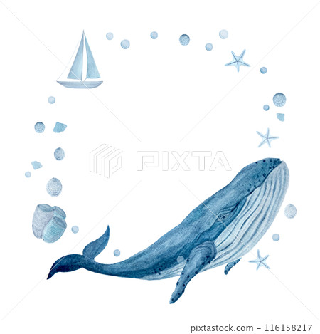 Watercolor high quality hand-drawn blue whale, starfish sea round frame isolated on white. High quality monochromatic art for notebooks, posters, stickers, tote bags, cards, eco, room decor and design 116158217