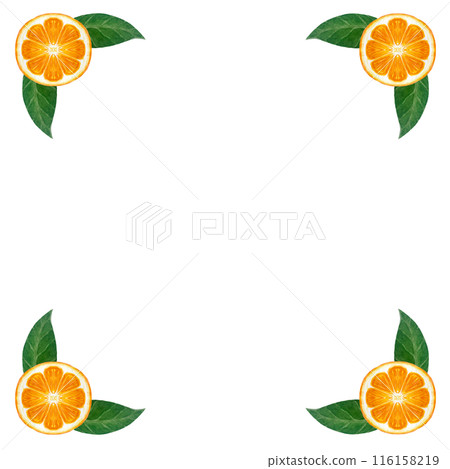 Orange fruit, mandarine slice with green leafs watercolor frame isolated on white. High quality hand drawn art for cards, packages, restaurant menu, natural organic food, logo decor and design 116158219