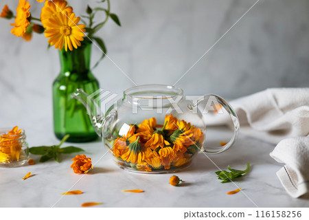 A teapot with calendula. Prevention of diseases. Antivirus. 116158256
