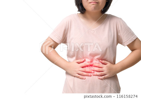 Asian girl having stomach ache, bending and holding hands on belly isolated Asian girl having stomach ache, bending and holding hands on belly isolated 116158274