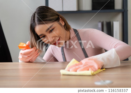 Woman Cleaning Wooden Surface with Spray Bottle and Cloth in Modern Home Interior Woman Cleaning Wooden Surface with Spray Bottle and Cloth in Modern Home Interior 116158337