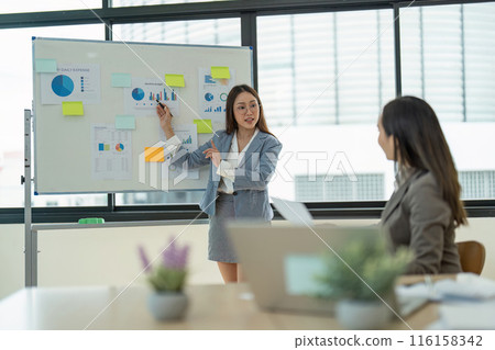 Businesswoman Presenting Data on Whiteboard in Modern Office Meeting with Colleague 116158342