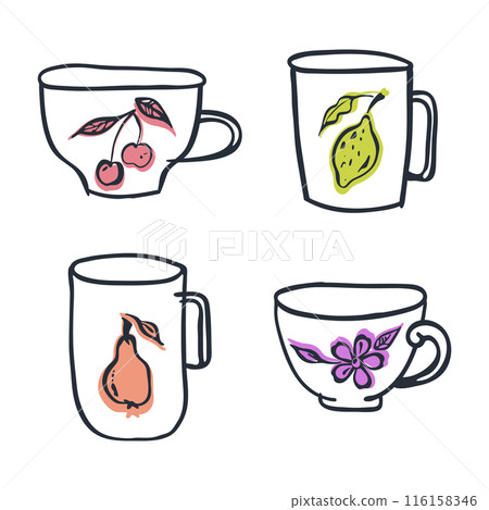 Cup symbol Clip art Set. Doodle icon, hand drawn decorative stroke line brush, black sketch contour, outline, fruit colourful cartoon flat design. Various isolated elements. Vector illustration Cup symbol Clip art Set. Doodle icon, hand drawn decorative stroke line brush, black sketch contour, outline, fruit colourful cartoon flat design. Various isolated elements. Vector illustration 116158346