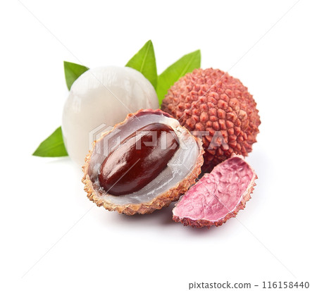 Lychee with leaves on white backgrounds Lychee with leaves on white backgrounds 116158440